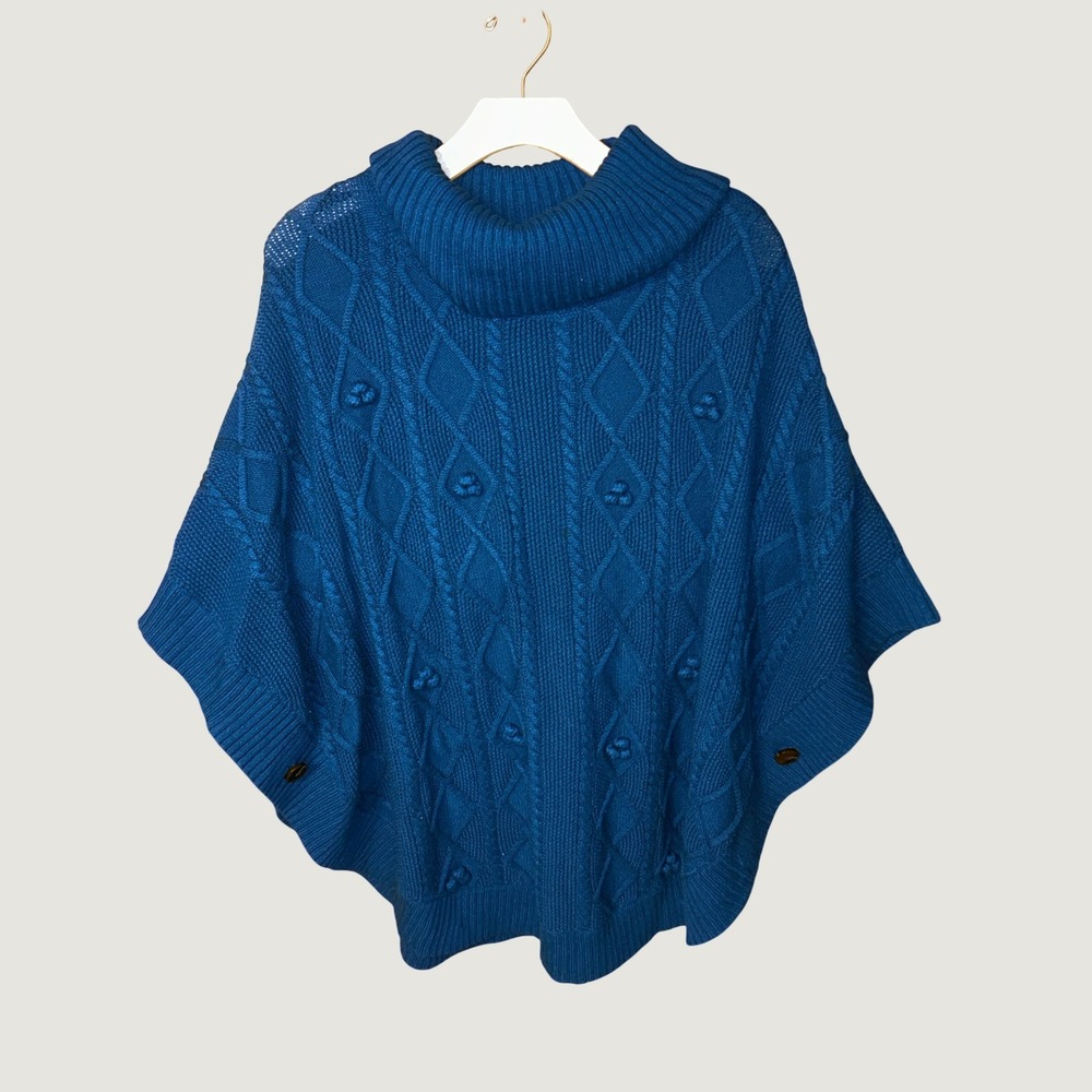 Talbots Twee Cabincore Cottage Blue Cable Knit Cowl Neck Poncho Sweater Bobbles